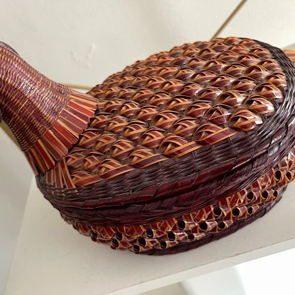 Vintage Woven Handmade  Ram-Shaped Basket Cottagecore Boho Rustic Farmhouse Vibe